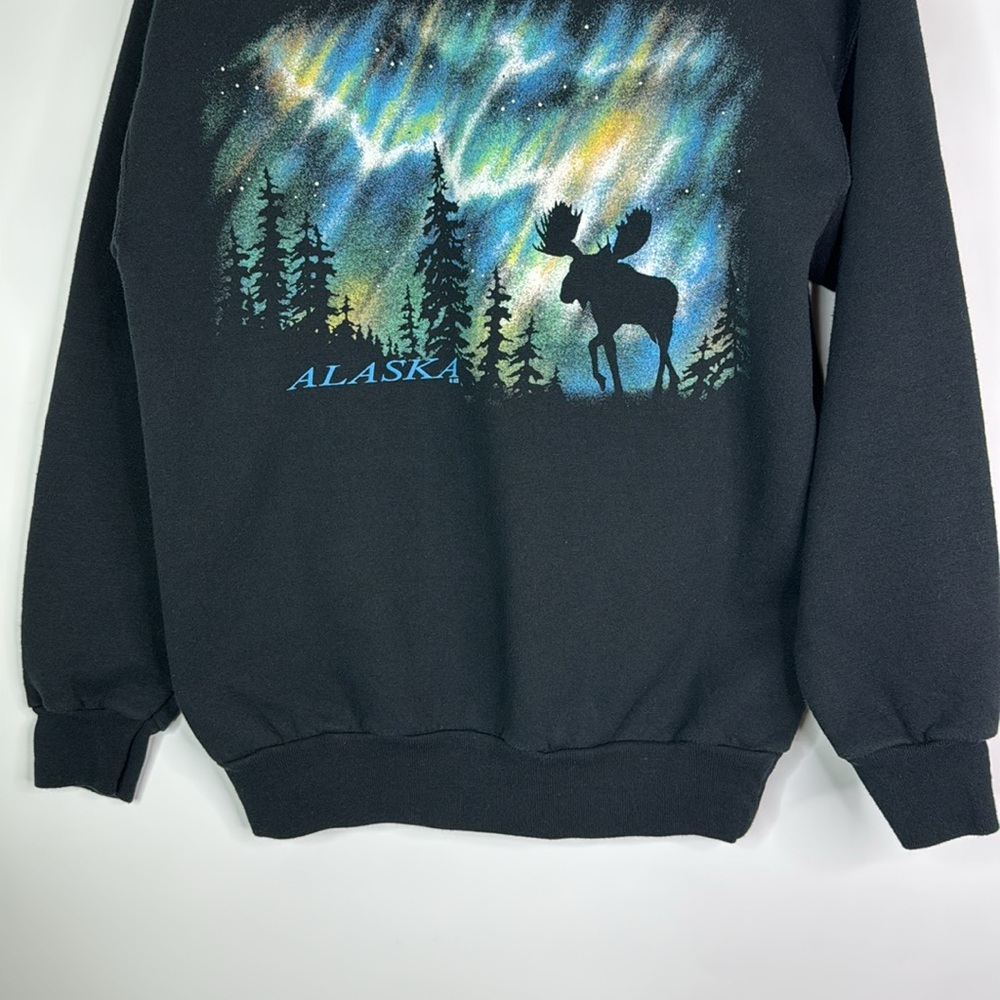 Vintage Hanes Black Alaska Moose Aurora Borealis Crew Sweatshirt Small - Picture 3 of 10